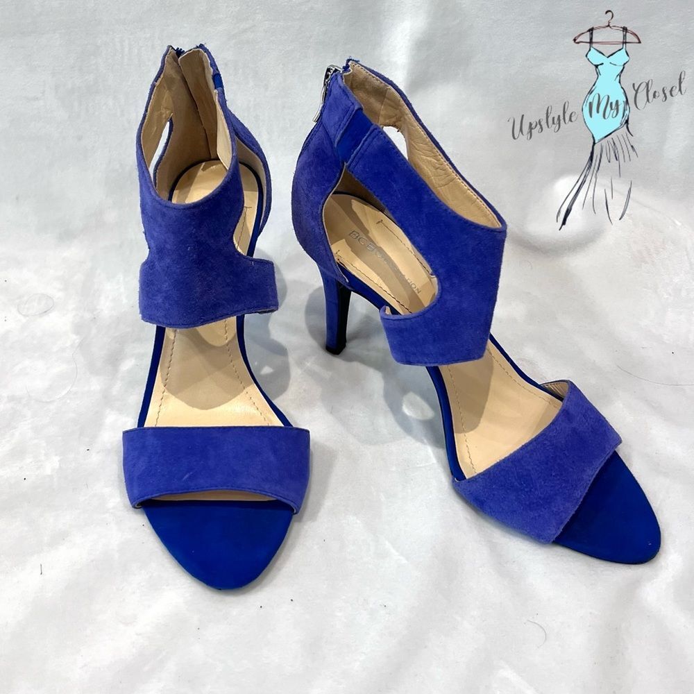 BCBGeneration blue wide strap faux suede sandal heels size 10 NWOB